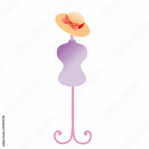 a flirty female hat hanging on a tailor's mannequin, isolated object on white background, vector illustration,