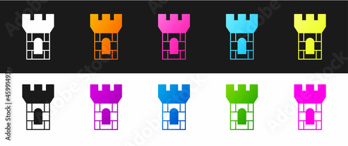 Set Castle tower icon isolated on black and white background. Fortress sign. Vector