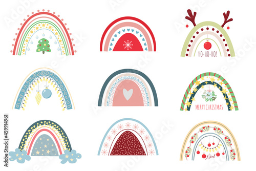 Set of festive rainbows and other christmas elements. Seasonal clipart set of cute Christmas rainbows with different christmas decorations isolated on white background. Trendy nursery icon collection
