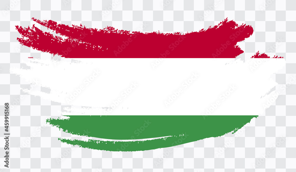 Obraz premium Grunge brush stroke with HUNGARY national flag. Watercolor painting flag,poster, banner of the national flag. Style watercolor drawing. Vector isolated on transparent background.