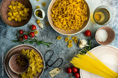 Italian pasta cooking concept with variety of pasta photo