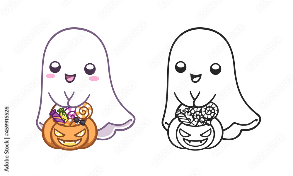 Cute happy ghost holding a pumpkin bucket filled with candy colored and outline doodle cartoon illustration set. Halloween, trick or treat coloring book page activity for kids and adults. Cute happy ghost holding a pumpkin bucket filled with candy colored and outline doodle cartoon illustration set. Halloween, trick or treat coloring book page activity for kids and adults.
