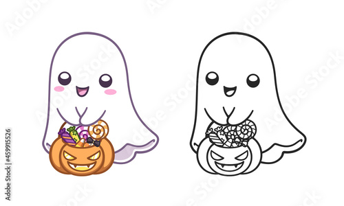 Cute happy ghost holding a pumpkin bucket filled with candy colored and outline doodle cartoon illustration set. Halloween, trick or treat coloring book page activity for kids and adults.	