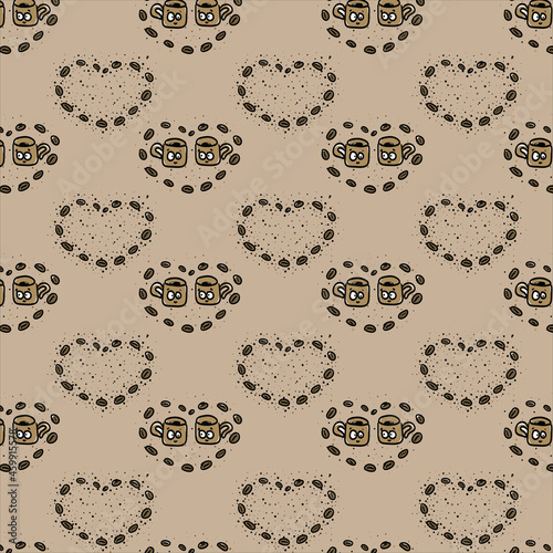 The pattern of coffee cups inside the heart of coffee beans on a beige background