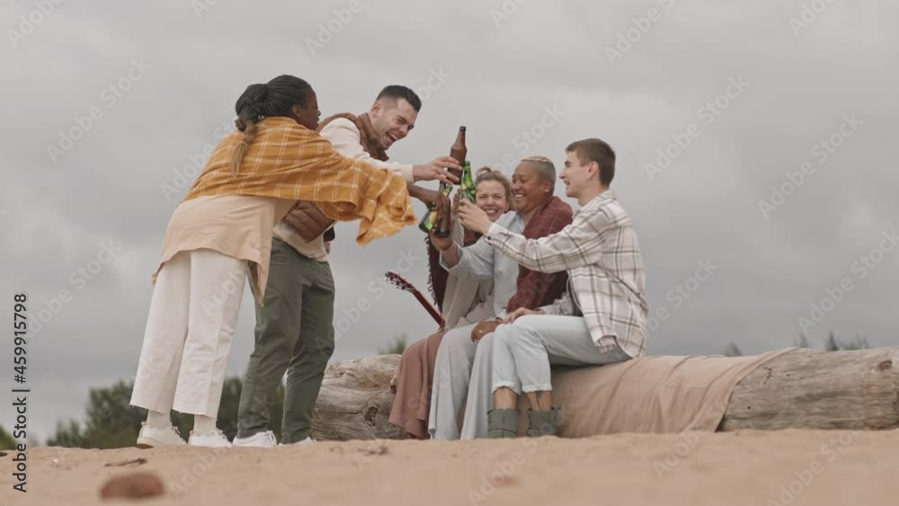 Low angle of five young friends sitting on and standing around log on sandy beach, clinking bottles and drinking beer, talking and smiling on cloudy day