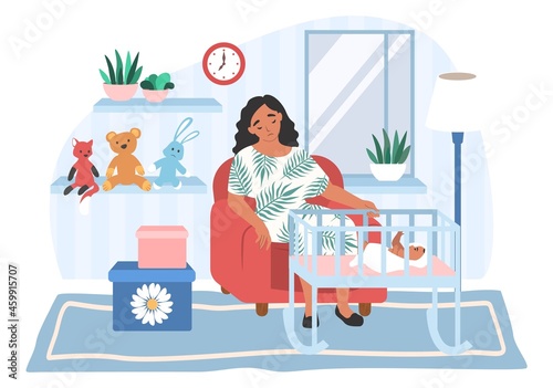 Tired depressed mom sitting in armchair by baby crib, flat vector illustration. Parental stress, postnatal depression. photo