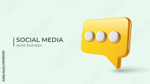 Message notification icon. New message concept. Realistic 3d design of glossy yellow speech bubble with white dots. Dialog or yellow chat speech bubble. Vector illustration