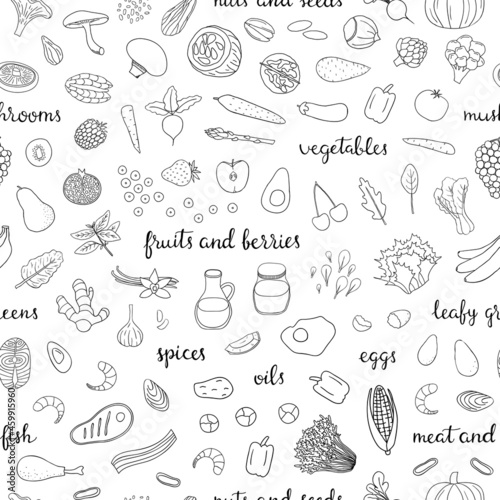 Seamless pattern with paleo diet foods.