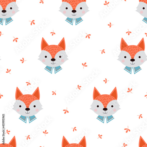 Cute fox with forest plants seamless pattern.
