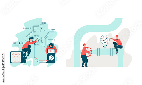 Project Team Engineering Hardware Adjusting Gauge on Pipe and Electric Circuit Vector Set