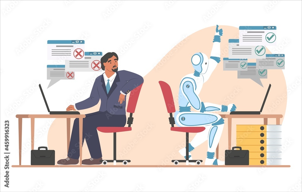 Robot machine working a lot faster than businessman, flat vector illustration. Robots superiority. Automation.