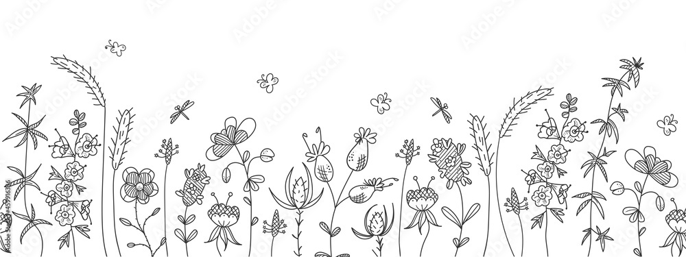 Seamless vector doodle ornament from floral branches with leaves, flowers. A pattern from floral sketches. Decorative elements for design
