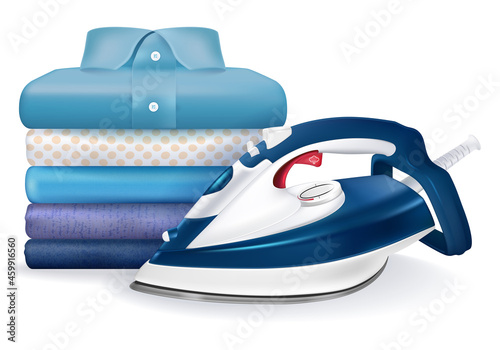 Realistic Detailed 3d Iron and Stack of Ironed Clothes Isolated on a White Background. Vector illustration