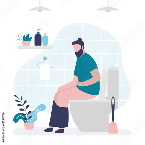 Guy sits with stomach pain on toilet. Male character with diarrhea or stomach upset. Restroom interior. Handsome man with constipation in toilet. Digestive and bowel problems.