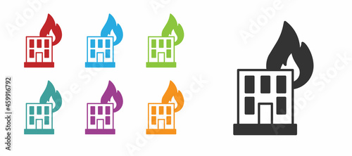 Black Fire in burning building on city street icon isolated on white background. Destroyed city on fire. Set icons colorful. Vector