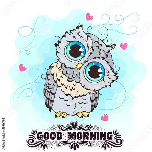 Little owl. Clipart  for nursery poster, t-shirt print, kids apparel, greeting card, label, or sticker. Vector illustration.