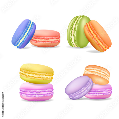 Realistic Detailed 3d Different Taste Macaroons Set Sweet Dessert Assortment. Vector illustration of French Cookie Macaroon