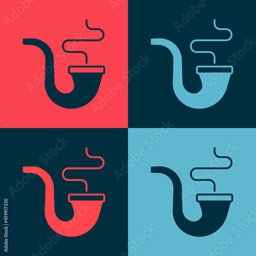 Pop art Smoking pipe with smoke icon isolated on color background. Tobacco pipe. Vector