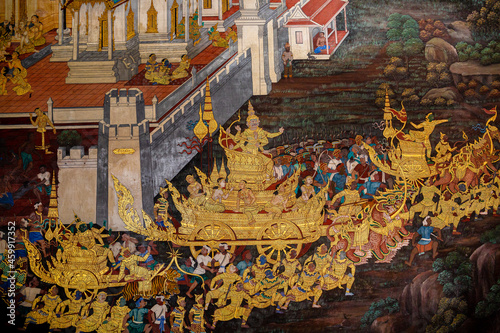 Obraz na plátně Fragment of a fresco with scene from the Ramakien at Wat Phra Kaew or Emerald Buddha Temple a tourist landmark in Bangkok, Thailand