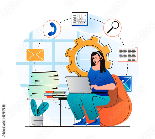 Customer support concept in modern flat design. Woman in headset works at laptop, advises clients. Consultant works in call center or technical support. Online communication. Vector illustration