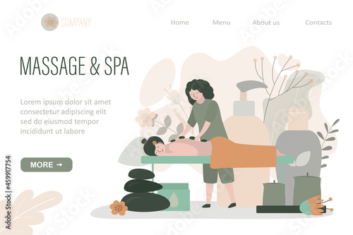 Massage and spa, landing page template. Masseur doing relaxing procedure to client, hot stone massage to girl. Spa center service. Bottles with oil, cream. Massage therapy, wellness treatments.