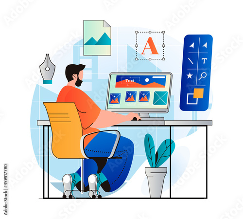 Design studio concept in modern flat design. Man designer creates content for site, drawing graphic elements, works at computer. Illustrator working on creative studio project. Vector illustration