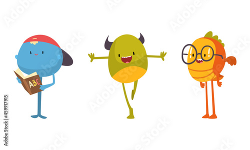 Funny Monster Character in Glasses and Holding Book Vector Set