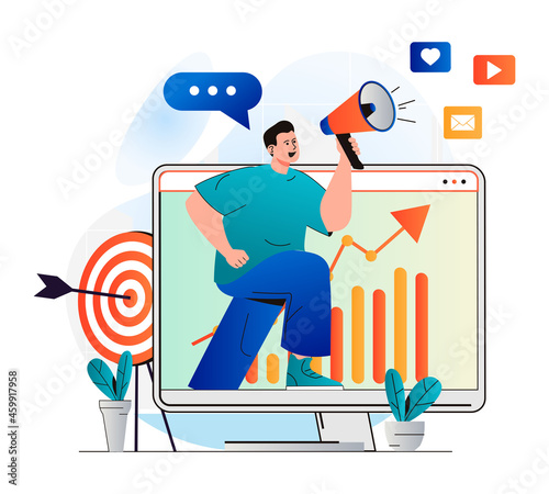 Digital marketing concept in modern flat design. Man with megaphone announcing and attracting new customers. Online promotion, targeting, data analysis and advertising campaign. Vector illustration