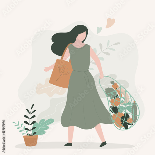 Girl goes shopping with reusable cloth bag. String bag with kit of vegetables. Woman supports zero waste movement