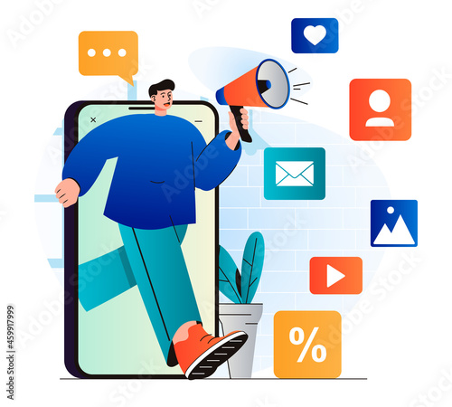 Digital marketing concept in modern flat design. Man with megaphone attracts new customers from social networks and mobile applications. Online promotion and advertising campaign. Vector illustration