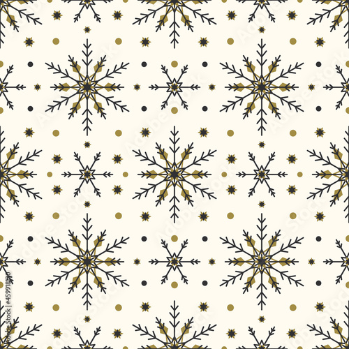 Seamless pattern with black and gold snowflakes on background. Festive winter traditional decoration for New Year  Christmas  holiday and design. Ornament of simple line repeat snow flake