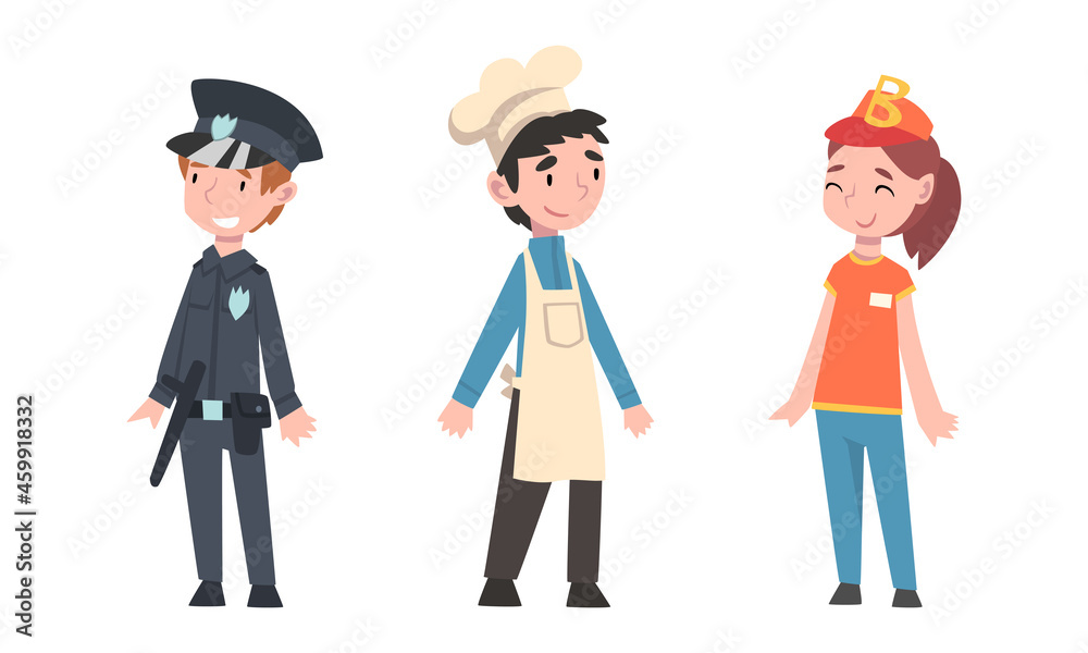 Cute Girl and Boy Having Different Profession Wearing Uniform Vector Set