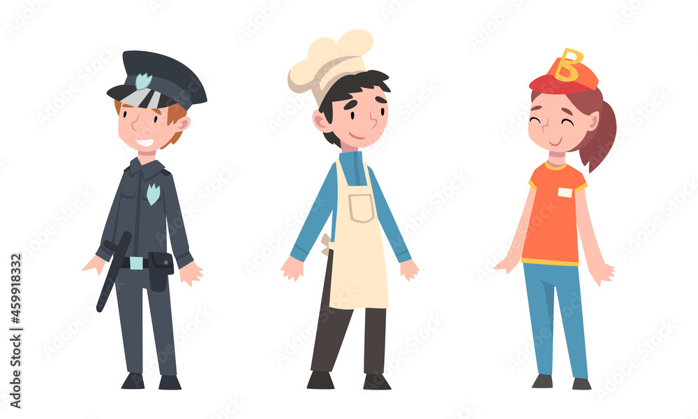 Cute Girl and Boy Having Different Profession Wearing Uniform Vector Set Cute Girl and Boy Having Different Profession Wearing Uniform Vector Set