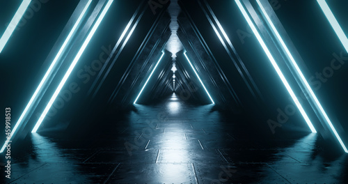 3d rendering metal corridor with light blue neon light background.