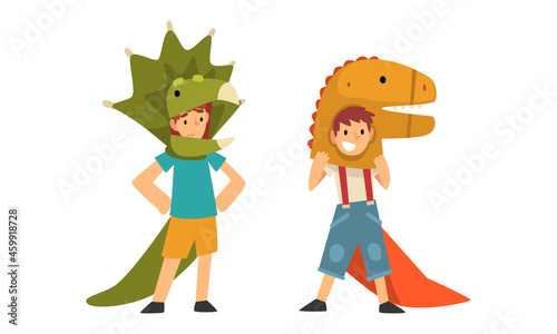 Cute Kid Wearing Dinosaur Costume as Carnival Outfit Vector Set