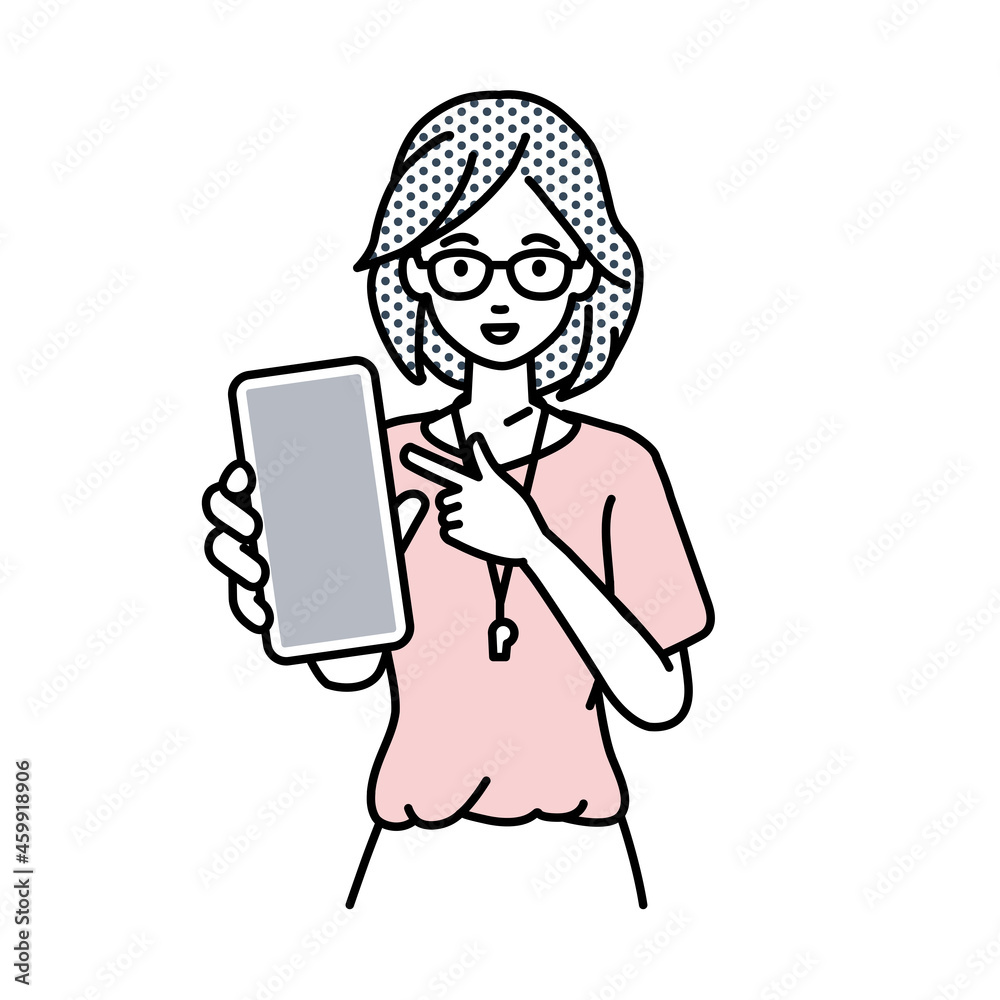 立ってスマートフォンを指差してこちらに向けて見せている教師の女性