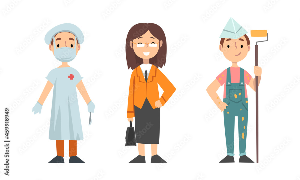 Cute Girl and Boy Having Different Profession Wearing Uniform Vector Set