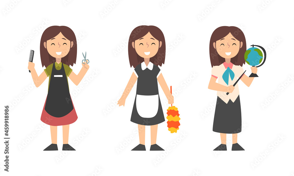Cute Girl Having Different Profession Wearing Uniform Vector Set Cute Girl Having Different Profession Wearing Uniform Vector Set