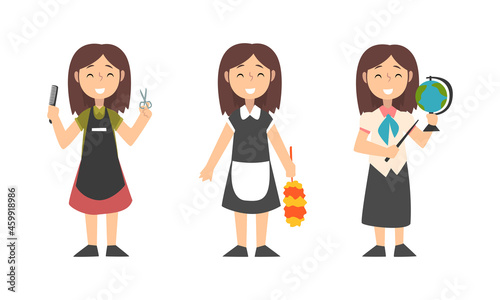 Cute Girl Having Different Profession Wearing Uniform Vector Set