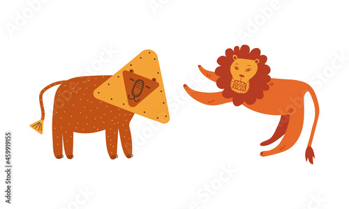 Funny Lion as African Animal with Mane Doodle Vector Set