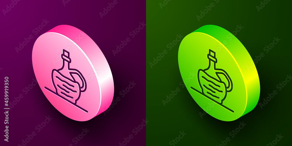 Isometric line Wine in italian fiasco bottle icon isolated on purple and green background. Wine bottle in a rattan stand. Circle button. Vector