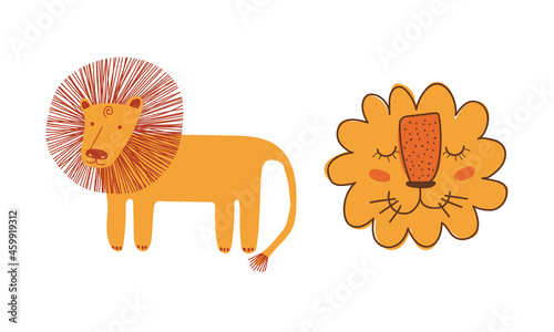 Funny Lion as African Animal with Mane Doodle Vector Set