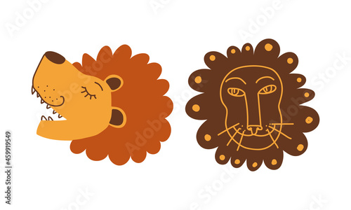 Fototapeta Naklejka Na Ścianę i Meble -  Funny Lion Snout as African Animal with Mane Doodle Vector Set