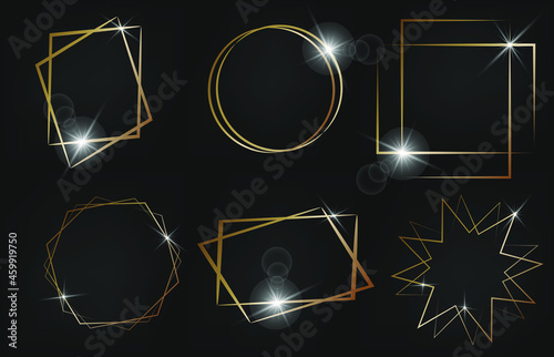 Set of gold geometric  frames with shining effects isolated on black background. Design element for greeting card, invitation, poster, banner ect.