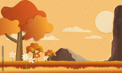 Vector Autumn landscape with mountain hills views countryside landscape of in the morning  Beautiful panorama season of summer natural with maple trees. Autumn summer background concept