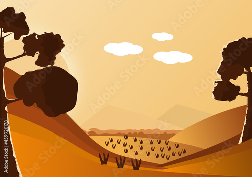Vector Autumn landscape with mountain hills views landscape of farmland in the morning, Beautiful season of summer natural. Autumn summer background concept
