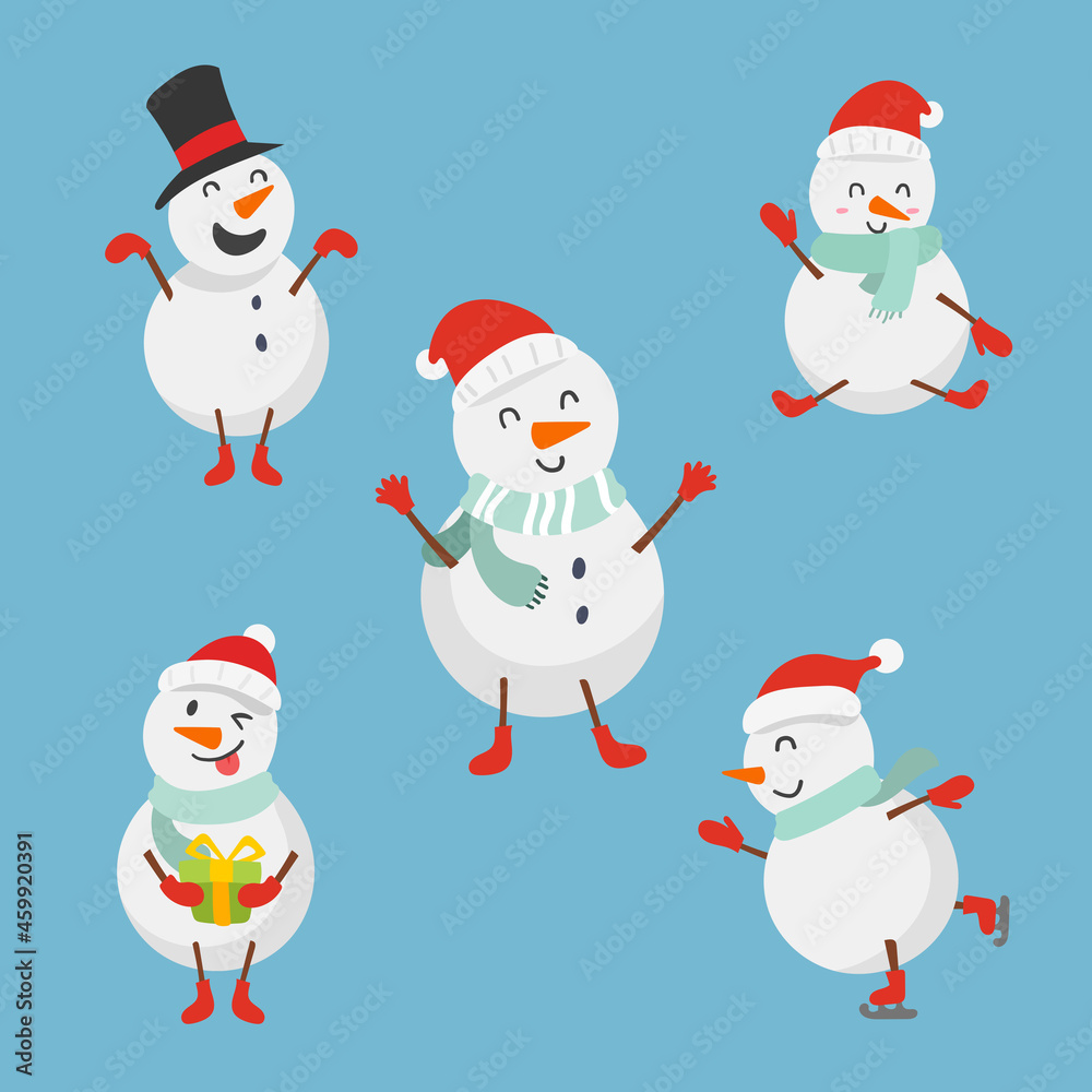 Set of Cute Snowman winter character design. Happy and Funny cartoon for Christmas vector illustration