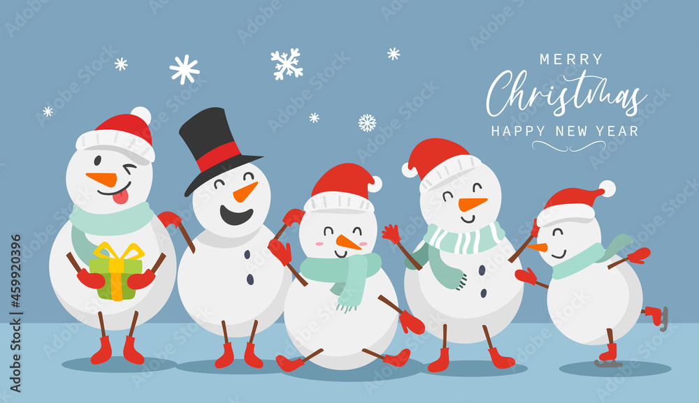 Merry christmas and happy new year greeting card with cute Snowman funny and happy character design in flat style. Vector illustration Merry christmas and happy new year greeting card with cute Snowman funny and happy character design in flat style. Vector illustration
