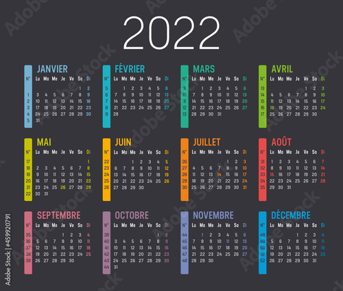 Calendrier Agenda 2022 couleur, avec numéros de semaine