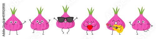 Set red sweet onion character cartoon emotions joy happiness smiling face jumping running icon beautiful vector illustration.